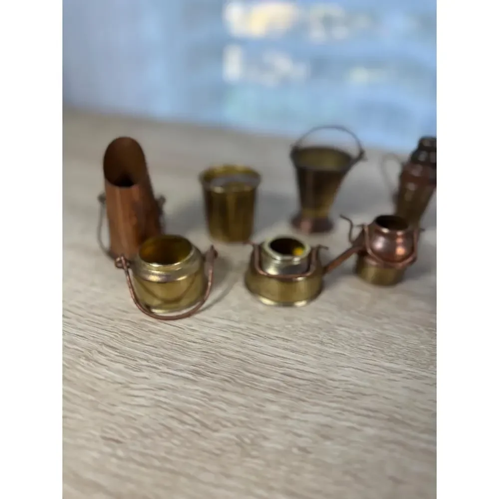 Vintage Japan Miniature Brass Copper Kitchenware Lot, 12pc Dollhouse Decor